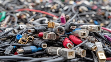 Fototapeta premium Close up of a tangled pile of electronic cables and connectors