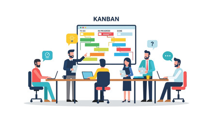 Kanban team collaboration, visual workflow management and project tracking in a modern office