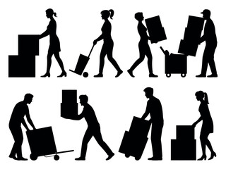 Silhouettes of people moving boxes and using carts on a white background