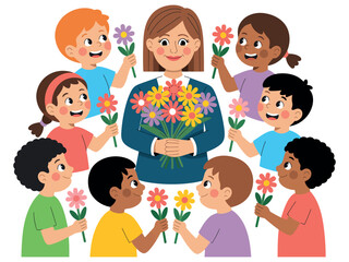 Teacher holding flowers surrounded by children offering single flowers to her