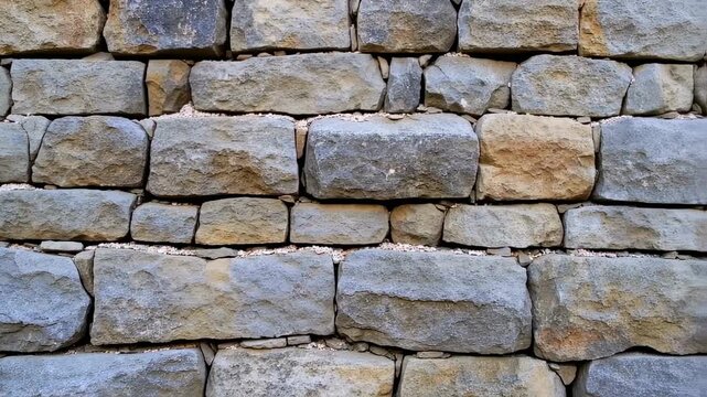 A close-up of a stone wall made of rectangular, multicolored blocks and small pebbles