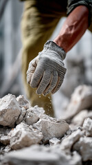 Worker hand in protective glove breaking concrete rubble at demolition site. Construction debris removal, safety equipment, manual labor, destruction work, building material, dust particles flying.