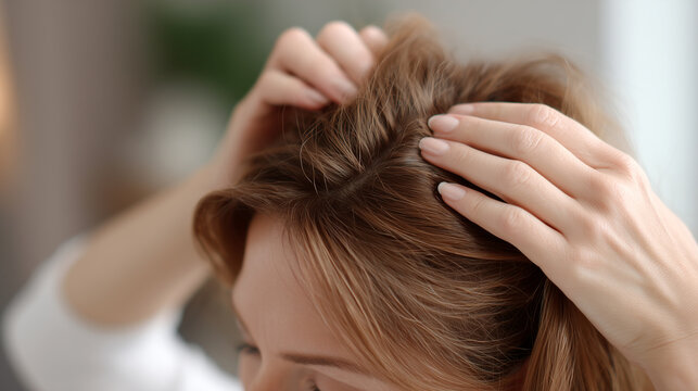 Woman examining dry hair and scalp, massaging roots with fingers. Hair care concept showing scalp treatment, trichology assessment, damaged hair inspection and self-examination routine at home.