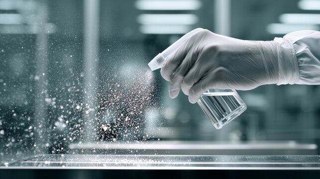 Disinfection spray application on glass surface by gloved hand in sterile laboratory. Professional sanitation, hygiene protocol, antimicrobial treatment. Clean room environment, safety standards. - Powered by Adobe