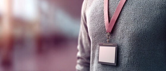 Close-up of person wearing blank identification badge on pink lanyard over knitted sweater with blurred background