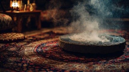 Incense burner with smoke on ornate rug