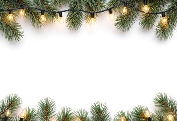 Decorative christmas border with coniferous branches and garlands of christmas lights isolated on white background