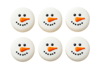 Six Adorable Snowman Face Cookies. Festive Winter Holiday Treats Isolated on White. Cute Christmas Dessert for Seasonal Celebrations and Sweet Joy.