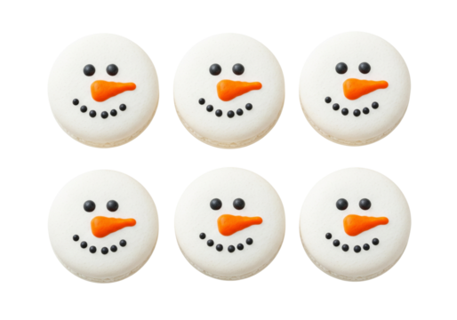 Six Adorable Snowman Face Cookies. Festive Winter Holiday Treats Isolated on White. Cute Christmas Dessert for Seasonal Celebrations and Sweet Joy.