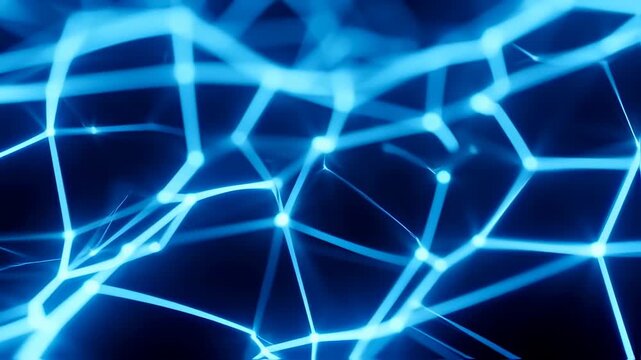 Blue, luminous network of interconnected lines and nodes against a dark background, abstract and futuristic