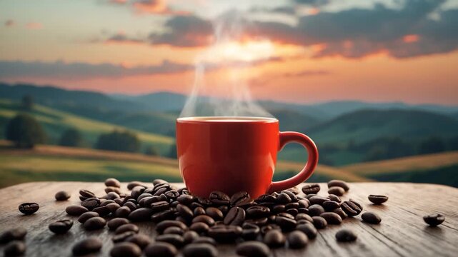 Steaming red mug placed on rustic wooden table surrounded by coffee beans with hazy mountains under a colorful sunset featuring soft natural lighting and a serene outdoor landscape