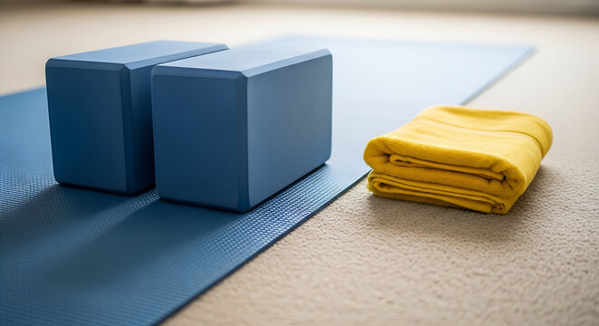 A yoga mat with blue blocks and a yellow towel on a beige floor ready for a fitness session ai generated