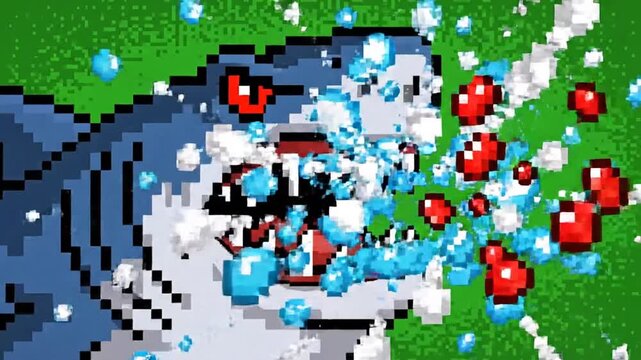 Aggressive Pixel Art Shark with Bubbles and Splashes on Vibrant Green Background