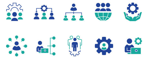 Fototapeta premium Human Resource Organization Management Icon Set with Gear and Teamwork Structure