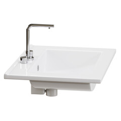 White sink with a silver faucet and a chrome handle