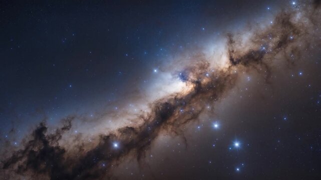 Dynamic view of a distant galaxy showcasing a swirling mass of stars and cosmic dust in a deep space environment with a gradual shift in perspective revealing vibrant colors and textures.