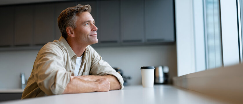 Thoughtful man sitting at kitchen counter looking out window with coffee cup nearby in modern home interior