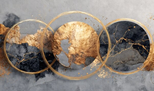 Abstract design featuring three interconnected gold circles on a dark gray marble texture, highlighted with sparkling gold accents
