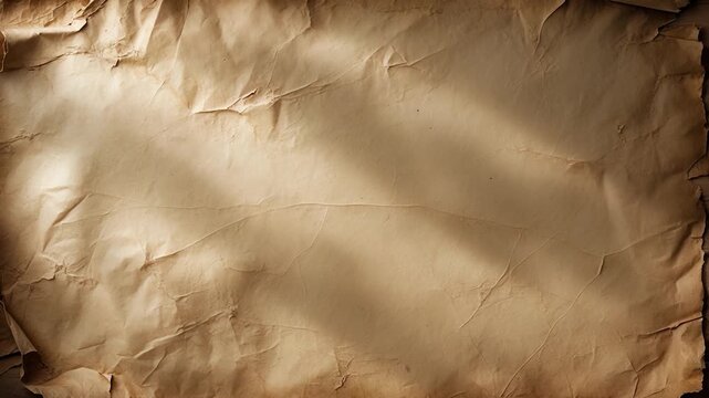 Close-up of textured aged parchment paper with soft natural light casting subtle shadows highlighting the warm tones and crinkles ideal for background art projects or vintage aesthetics