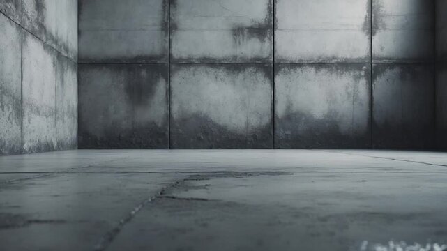 Industrial interior with gray concrete walls and a smooth floor empty room highlighting reflections captured from different angles throughout the video