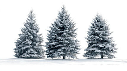 Three spruce trees in winter side by side with heavy snow coverage on transparent background