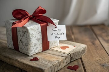 A beautifully wrapped gift box with a red ribbon and a happy valentine s day tag sits on a rustic wooden surface adorned with small heart decorations evoking romance and celebration