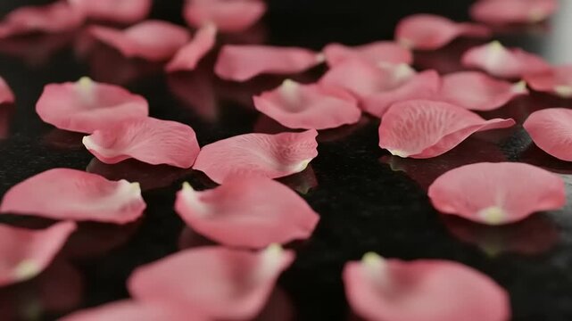 Pink rose petals scattered on a dark surface