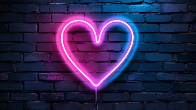 Glowing pink and blue neon heart-shaped light against a dark brick wall with textured surfaces subtly changing illumination throughout a short clip emphasizing vibrant colors and visual appeal