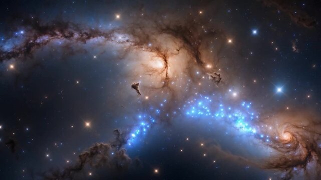 Vibrant cosmic scene depicting spiraling galaxies with luminous star clusters deep blue and orange color palette intricate patterns forming showcasing the vastness of space at different phases