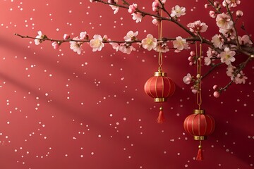 "Cherry Blossom and Lanterns on Red Festive Background – Lunar New Year Decoration"