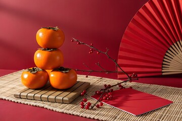 Vibrant still life arrangement featuring a stack of ripe persimmons on a woven mat with a traditional red fan and a red envelope evoking a festive asian new year atmosphere