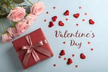 A romantic flat lay composition for valentine s day featuring a red gift box tied with a ribbon delicate pink roses and scattered red heart decorations on a soft blue background