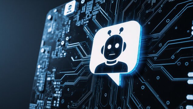 A futuristic circuit motherboard backdrop hosts an AI chatbot logo alongside a customer service illustration of an intelligent assistant robot