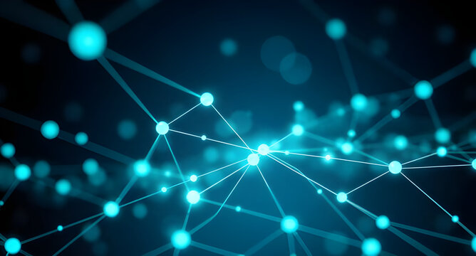 Glowing Blue Network Nodes and Connected Lines on Futuristic Digital Background.