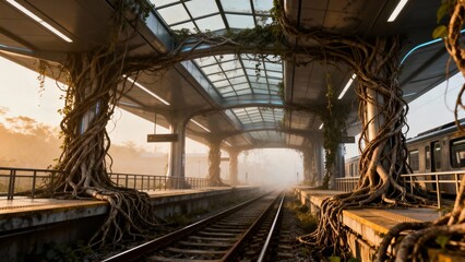 Fototapeta premium Overgrown train station with thick banyan roots wrapping pillars, rails in the foreground, misty platforms and stopped metro in background, warm sunrise haze, oppressive postapocalyptic atmosphere