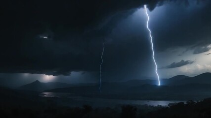 Dramatic lightning strikes illuminating dark storm clouds over a mountain landscape at twilight with a river reflecting the electric display amidst a moody textured sky - Powered by Adobe
