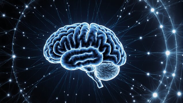 Digital art showcasing the human brain depicting left and right hemisphere functions along with neural network connections