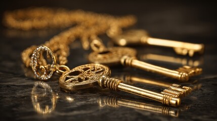 Close up of golden keys with reflection concept of access