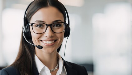 Smiling woman in customer service role ready to assist with headset on