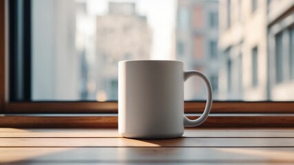 Close-up of a plain white ceramic coffee mug positioned on a wooden windowsill with soft natural sunlight illuminating the scene featuring an urban cityscape view in the background. - Powered by Adobe