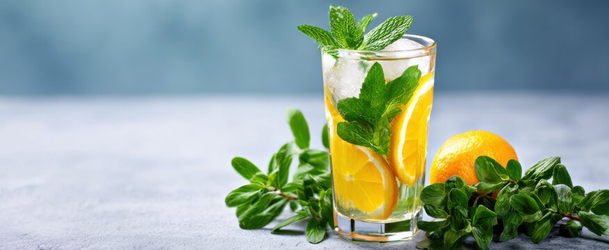 Fresh herbal bits brighten a chilled citrus-infused iced beverage for a cool vibe