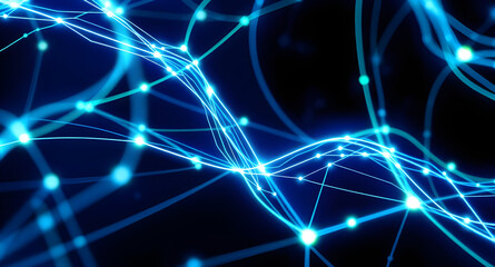 Fototapeta premium Futuristic Blue Glowing Network Lines and Connected Nodes on Dark Digital Background.