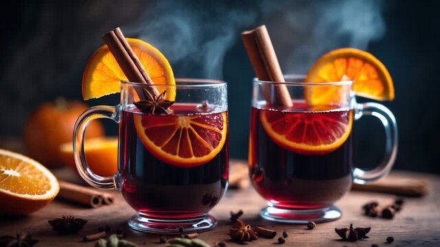 Warm mulled wine in glass mugs garnished with orange slices cinnamon sticks and star anise surrounded by spices on wooden table with rich colors and soft glowing light