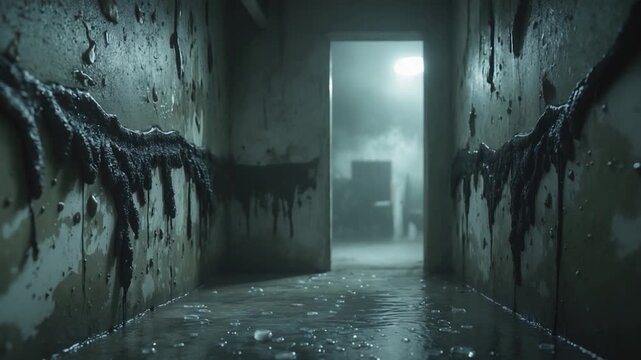 Mysterious interior hallway with dark sludgy textures on walls water pooling on the floor eerie lighting overhead and hints of smoke creating a surreal atmosphere throughout the scene
