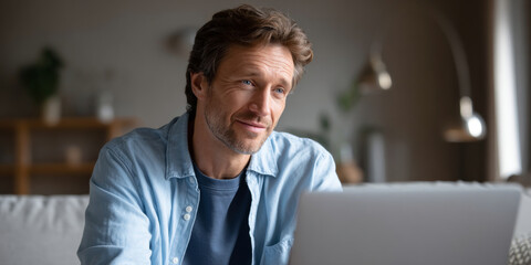 Middle-aged man with light beard working on laptop in cozy home environment with soft natural lighting and blurred background