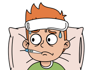 A sick boy in bed with a compress on his head and a thermometer in his mouth