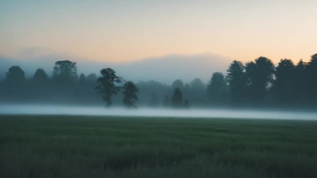Serene misty meadow landscape during dawn with soft natural light illuminating a field and scattered trees gradually transitioning through twilight with calm muted colors and ethereal atmosphere