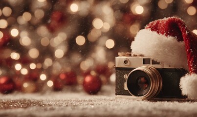 Nostalgic camera with santa hat on snowy surface, capturing festive season's magic, surrounded by warm bokeh lights and ornaments