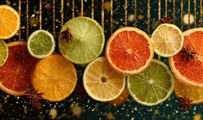 Dried orange, lime, and grapefruit slices with star anise and gold glitter creating a festive christmas decoration