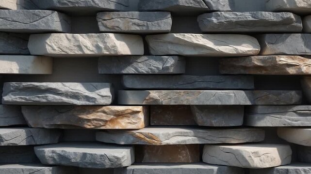 Close-up of stacked natural stone wall sections with rough textures and varying colors in a well-lit environment showcasing earth tones and smooth surfaces